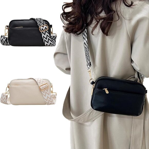 Lightweight Women's Crossbody Bag - Triple Zipper Vegan Leather Handbag, Black - Picture 2 of 6